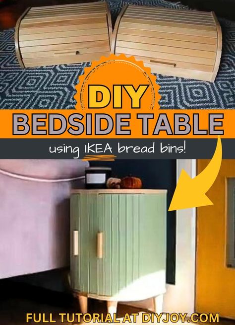 Bread Box Table Diy, Breadbox Nightstand, Narrow Bedside Table Ideas Diy, Bread Box Nightstand, Bread Bin Side Table, Ikea Bread Bin Side Table, Ikea Bread Box Hack, Diy Bedside Table Easy, Alternative Bedside Table Ideas