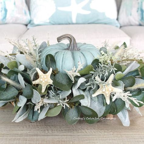 Fall Beach - Etsy Coastal Thanksgiving Decor, Oceanside Cottage, Coastal Fall Decor Ideas, Coastal Fall Decor, Coastal Centerpiece, Hamptons Style Decor, Blue Fall Decor, Coastal Fall, Fall Blue