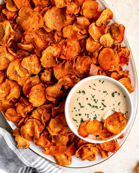 Baked Sweet Potato Chips Recipe - The Cookie Rookie® Dip For Sweet Potato Chips, Sweet Potato Chips Recipe, Potato Chips Recipe, Sweet Potato Chips Baked, Fried Potato Chips, Twice Baked Sweet Potatoes, Butter Potatoes, Spicy Dip, Fried Potato