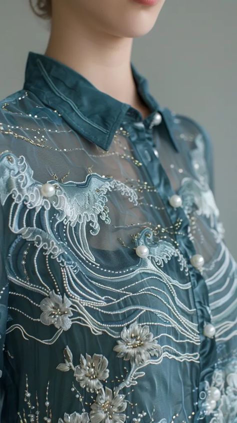 The image shows a close-up of a blue see-through shirt with an ocean wave pattern. The shirt is made of a lightweight fabric and has a collar ->> more details in ai-img-gen.com Wave Embroidery Pattern, Embroidered Waves, Kurta Embroidery, Fabric Work, Fabric Embellishment, Pattern Inspiration, Dresses Indian, Couture Details, Embroidered Clothes