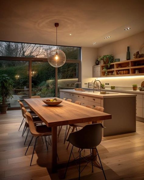 Kitchen With Island And Dining Table, Living Kitchen Dining Layout, Lived In Kitchen, Kitchen And Dining Room Ideas Layout, Brutalist Kitchen, Open Kitchen And Dining Room Layout, Gothic Apartment Decor, Open Concept Kitchen Dining Living Room, Open Concept Kitchen Living Room Layout