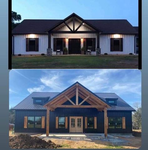 Exterior Looks For House, Front Of Barndominium, Closed Concept Barndominium, Shop House Exterior Design, Barndominium Ideas Exterior Modern, Simple Barndominium Ideas Exterior, Bardominum Ideas Outside, Dark Blue Barndominium, Barndominium Exterior Colors Metal