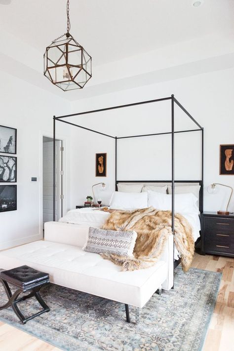 5 Tips for Creating A Master Bedroom He Will Love - Master bedroom design, canopy beds, fur throw, gallery walls, pendant light fixture in master bedroom, master bedroom lighting, master bedroom light, Digital Lookbook, Minimalist Dekor, Four Poster Bed, Cottage Bedroom, Four Poster, Poster Bed, Amber Interiors, Canopy Bed, Decoration Inspiration