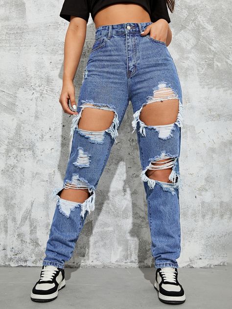 Medium Wash    Denim Plain Straight Leg Embellished Non-Stretch  Women Denim Preppy Ripped Jeans, Outfits Streetwear Mujer, Pantalones Mom Jeans, Really Ripped Jeans, Very Ripped Jeans, Outfit Ideas With Ripped Jeans, Cute High School Outfits, Ripped Jeans Ideas, Ripped Denim Outfit