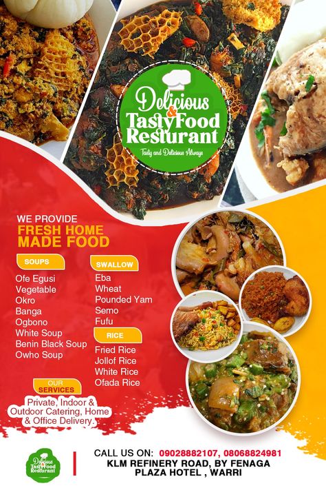 Flyers For Food Business, Restaurant Flyer Design Ideas, Food Flyer Design Creative, Catering Flyer Design, Food Flyer Design Ideas, Restaurant Flyer Design, Restaurant Menu Card, Nigeria Food, Restaurant Flyers