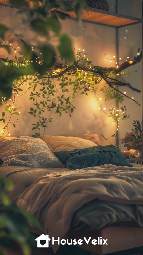 Fairy Light Branch Decor Branch Twinkle Lights, Vines And Fairy Lights Bedroom, Lighted Branches Decor, Fairy Light Bedroom, Forest Theme Bedroom, Forest Bedroom Ideas, Skylight Bedroom, Forest Themed Bedroom, Themed Bedroom Ideas