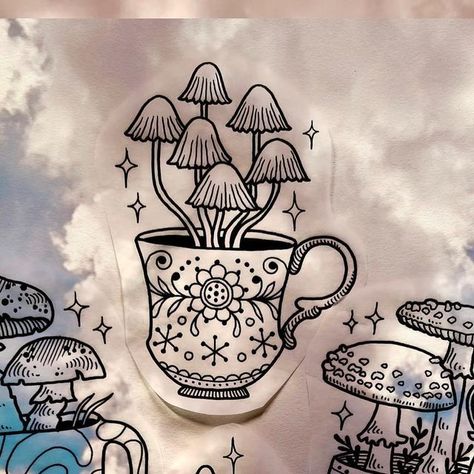 Mushroom Teacup Tattoo, Mocha Pot Tattoo, Tea Cup Tattoo, Goth Embroidery, Witchy Mushroom, Tea Cup Drawing, Coffee Cup Tattoo, Tea Tattoo, Teacup Tattoo