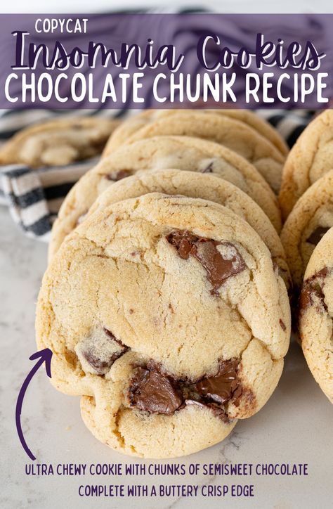 Chunk Cookies Copycat, Insomnia Peanut Butter Cookies Recipe, Copycat Insomnia Cookies, Cookies By Karli, Insomnia Cookies Recipe Copycat, Chocolate Chunk Cookies Chewy, Business Cookies, Insomnia Solutions, Chocolate Chunk Cookies Recipe