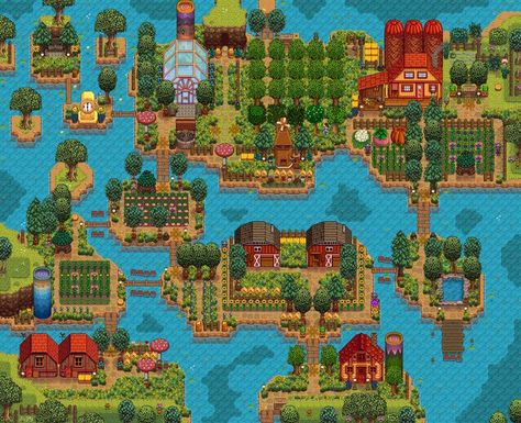 Stardew Farms, Stardew Valley Layout, Stardew Valley Tips, Valley River, Stardew Valley Farms, Valley Game, Farm Plans, Farm Layout, Valley Village