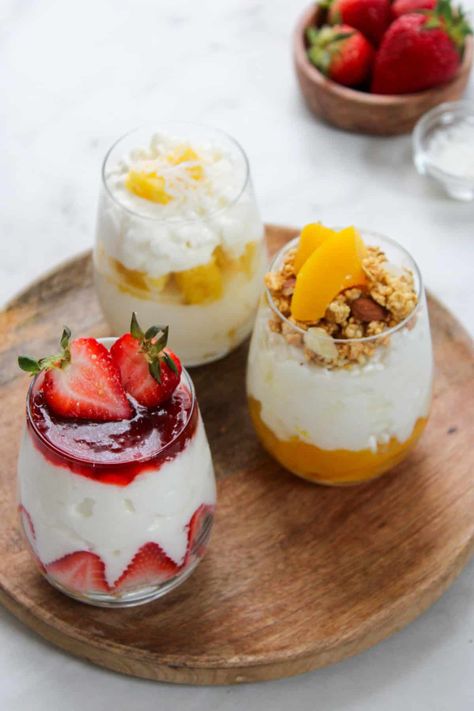 Cottage cheese and fruit parfait: strawberry cheesecake, 
Peach Honey Almond Granola and Tropical Pineapple Aesthetic Parfait, Apricot Chicken Thighs, Cheesecake Peach, Cottage Cheese And Fruit, Savory Cottage Cheese, Items Reference, Fruit Parfaits, Honey Almond Granola, Peach Honey