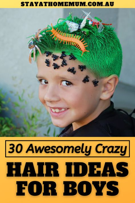 30 Awesomely Crazy Hair Ideas for Boys | Stay At Home Mum Boys Halloween Hair, Crazy Hair Day Black Kids, Crazy Hair Day Boys Short Hair, Crazy Hair Day At School For Boys Easy, Crazy Hair Day For Boys With Short, Boys Crazy Hair Day Ideas, Crazy Hair For Boys, Boys Crazy Hair Day, Crazy Hair Day For Boys