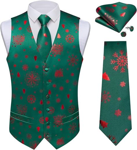 DiBanGu Men's Suit Vest Christmas Holiday Season Party Jacquard Waistcoats Necktie Pocket Square Vest Suit Set at Amazon Men’s Clothing store Mens Christmas Suit, Christmas Snowflakes Pattern, Men Waistcoat, Vest Suit, Christmas Suit, Christmas Vest, Mens Suit Vest, Vest And Tie, Suit Waistcoat