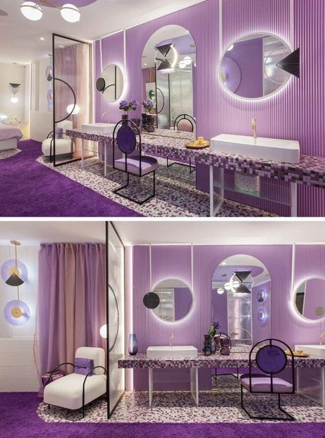 Purple Salon Aesthetic, Purple Hair Salon Decor Ideas, Purple Hotel Room, Purple Salon Decor Ideas, Small Glam Living Room, Boutique Hotel Suite, Small Salon Ideas, Purple Salon, Hotel Room Aesthetic