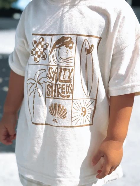 Kids' T-shirts + Tanks – Salty Shreds City T Shirt Design, Baby Surf, Surf Style Clothes, T-shirt Design Illustration, Graphic Shirt Design, Spring City, Surf Tee, Logo Idea, Hemp Fabric