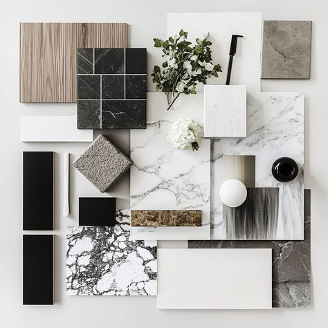 A striking monochrome palette, where black marble meets white stone and crisp geometric patterns. This sophisticated moodboard integrates natural elements like marble and wood, balancing elegance with a modern, minimalist edge. Marble Moodboard, Monochrome Palette, Natural Elements, Black Marble, White Stone, Geometric Patterns, Modern Minimalist, Mood Boards, Geometric Pattern