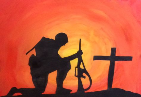 Remembrance Day art. Soldier. Silhouette. Ww1 Drawings Easy, Remembrance Day Silhouettes, Remembrance Day Painting, Army Day Drawing, Veterans Paintings, Veterans Day Drawings, Remembrance Day Drawings, Veterans Day Art, Sunset Art Painting