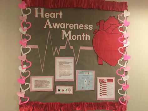 Heart Health Month Bulletin Board, Heart Awareness Month Ideas, Heart Awareness Month Bulletin Board, Heart Health Bulletin Board Ideas, Go Red For Women Ideas Heart Health Decorations, Heart Health Bulletin Boards, Heart Month Bulletin Board, School Nurse Door, Heart Awareness Month