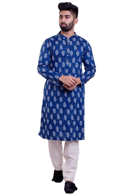 Cotton Kurta in Indigo Blue This Readymade attire is Enhanced with Buttons and Dabu Print and is Crafted in Chinese Collar Neck and Full Sleeve Available with a cotton Aligarhi Pant in Off White Do note: Footwear shown in the image is for presentation purposes only. Half to one inch may vary in measurement. (Slight variation in actual color vs. image is possible) Mens Kurta Pajama, Indian Jackets, Cotton Kurta Set, Mens Indian Wear, Vs Image, Dabu Print, Mens Sherwani, Gents Kurta, Kurta Men