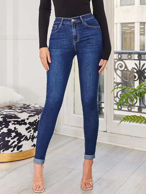 Dark Wash    Denim Plain Skinny Embellished High Stretch  Women Denim Denim Jeans Outfit, Outfits Con Jeans, Style Aesthetics, Casual Denim Jeans, Look Jean, Half Boots, Diva Style, Chic Jeans, Denim Chic