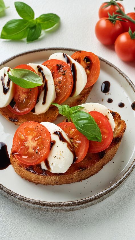 This Sandwich is a crispy bread topped with fresh tomato slices, creamy mozzarella, fragrant basil, and a drizzle of rich balsamic reduction. This Italian-inspired appetizer or light meal is perfect for brunch or a light snack. Mozzarella Toast, Basil Sandwich, Caprese Toast, Mozzarella Tomato Basil, Mozzarella Caprese, Tomato Snacks, Tomato And Mozzarella, Mozzarella Sandwich, Crispy Bread