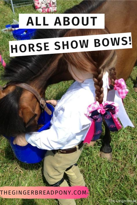 Why do young girls wear hair bows as part of their horse show outfits? Does the color, design or size of a show bow matter? Check out this informative post that shares more information on horse show hair bows. These bows range from simple pieces of ribbon to artfully crafted bows that you can make or purchase online. Lots of good horse show info in here! #horseshow #showbows #equestrian #thegingerbreadpony #ponies #horses Horse Show Bows Diy, Equestrian Hairstyles Braids, Horse Girl Hairstyles, Horse Show Hairstyles, Equestrian Hairstyles, Horse Show Outfits, Parts Of A Horse, Saddleseat Riding, Horse Show Bows