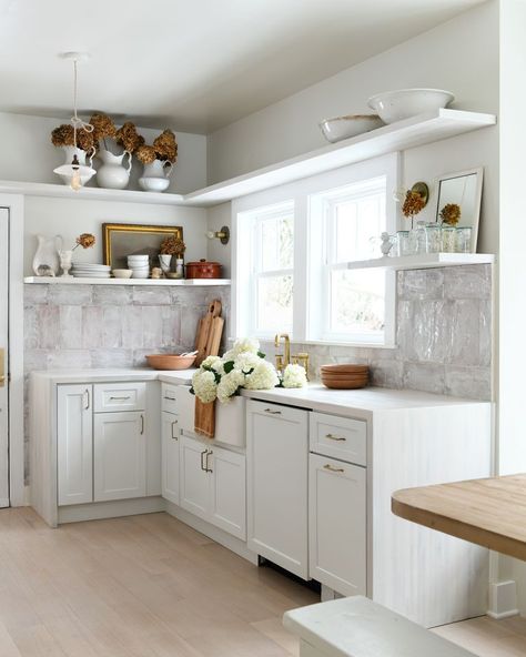 Leanne Ford Renovates a Sears Roebuck Craftsman Kit House in Her First Home Flip White Washed Butcher Block Countertops, Kitchen Sink Window, Ford Interior, All White Kitchen, Gold Kitchen, Butcher Block Countertops, Kit Home, Kit Homes, White Cabinets