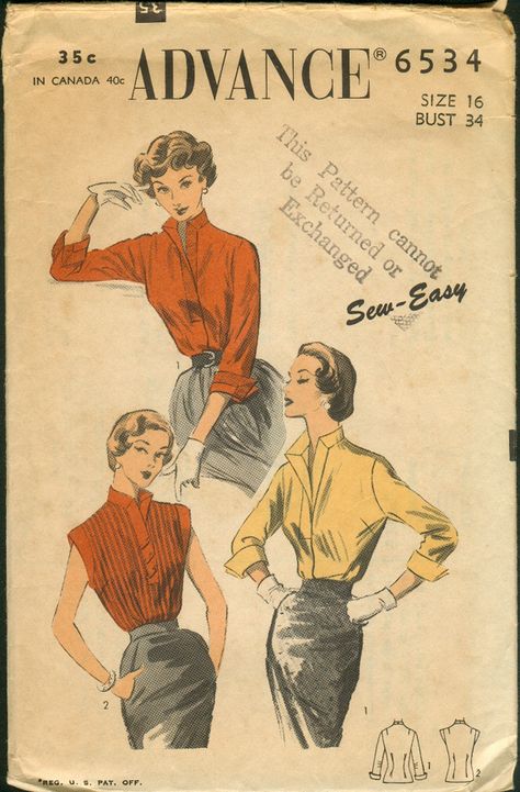 Advance 6534 1950s Blouse, 1940s Blouse, 1950s Sewing Patterns, Patron Vintage, Retro Sewing Patterns, Dress Making Patterns, Easy Sewing Patterns, Old Fashion, Back View