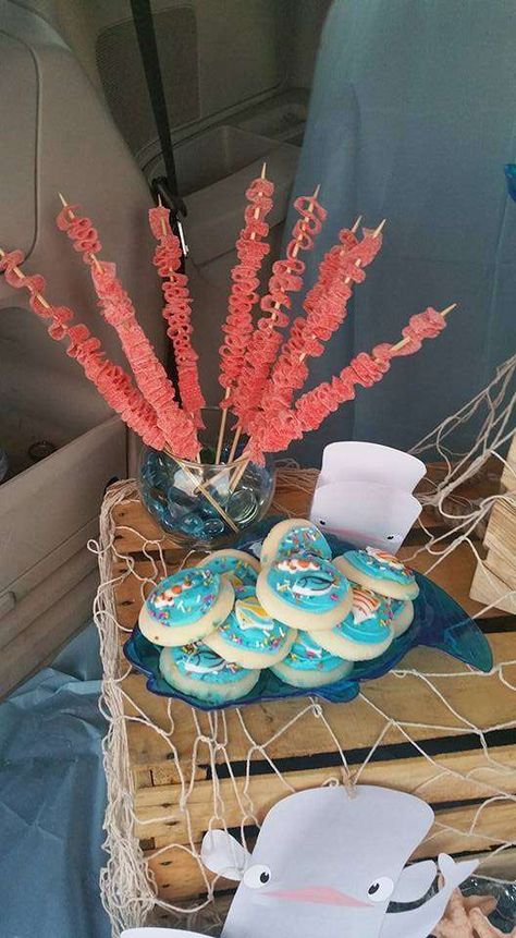 Amazing treats at a Finding Dory birthday party! See more party ideas at CatchMyParty.com! Finding Dory Dessert Table Ideas, Finding Nemo Birthday Party Ideas Centerpieces, Finding Dory Movie Night, Movie Night Party Ideas, Finding Dory Movie, Summer Sleepover, Finding Dory Birthday Party, Night Party Ideas, Dory Birthday Party