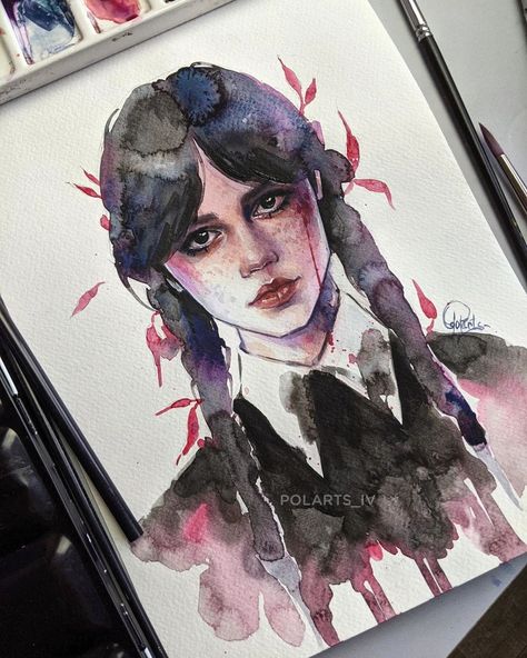 Wednesday Addams Watercolor, Wednesday Watercolor, Potrait Painting, Water Coloring, Meaningful Drawings, Water Painting, Wednesday Addams, Cool Art, Watercolor Paintings