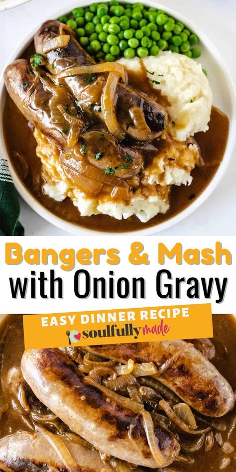 Succulent sausages are never better than drowned in rich onion gravy and placed over creamy buttery mashed potatoes. Try Banger and Mash with Onion Gravy tonight! Bangers And Mash Recipe, Homemade Gravy Recipe, Sausage And Mash, Bratwurst Recipes, Buttery Mashed Potatoes, Weekly Dinner Menu, Potato Gravy, Never Better, Sausage Dishes