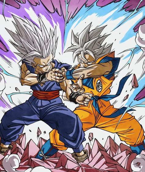 Goku Ultra Instinct And Gohan Beast, Ultra Instinct Manga, Goku Ultra Instinct Manga, Goku Ultra Instinct Wallpaper, Goku Mui, Gohan Beast, Ultra Instinct Goku, Dbz Drawings, Goku Manga