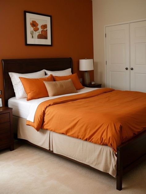 Create a stunning focal point with a rust orange accent wall in your bedroom. Complement it with a sleek wooden bed frame and soft neutral bedding to create a warm and inviting atmosphere. Rust Orange Accent Wall, Orange Accent Wall, Orange Accent Walls, Wooden Bed Frame, Neutral Bedding, Wooden Bed Frames, Orange Accents, Rust Orange, Wooden Bed