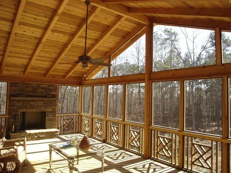 Interior of gable roof screened porch Veranda Design, Porch Interior, Porch Kits, Screened Porch Designs, 3 Season Room, 4 Season Room, Porch Fireplace, Porch Windows, Porch Ceiling