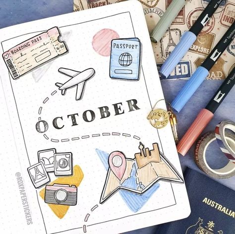 October Bujo Cover, October Bujo, Bujo Cover, Travel Journal Scrapbook, Capa De Caderno Personalizada, Creating A Bullet Journal, Bullet Journal Ideas Templates, Bullet Journal Mood Tracker Ideas, Bullet Journal Notes