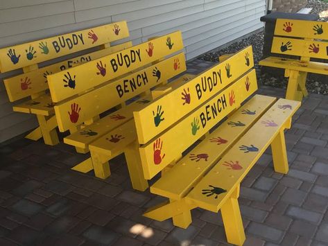 St. Michael Boy Scout Builds Five Buddy Benches - North Wright ... Friendship Bench Schools, School Legacy Project Ideas, Buddy Bench Ideas, Buddy Bench Ideas Schools, School Beautification Ideas, Bench Painting Ideas, Friendship Bench, Bench Painting, Eagle Scout Project Ideas