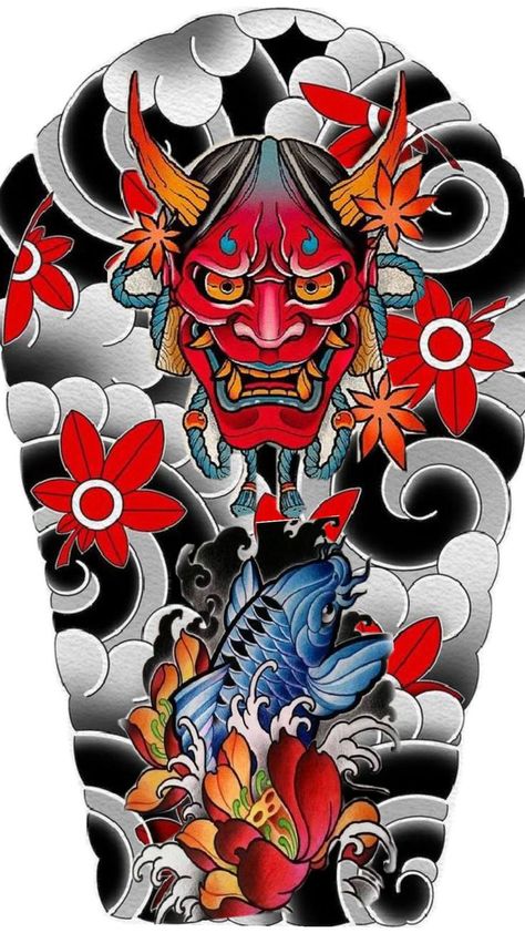 Japanese Sleeve Tattoo Design, Japanese Sleeve Tattoo, Traditional Japanese Tattoo Designs, Hannya Mask Tattoo, Hanya Tattoo, Koi Tattoo Design, Geometric Sleeve Tattoo, Japan Tattoo Design, Buddha Tattoo