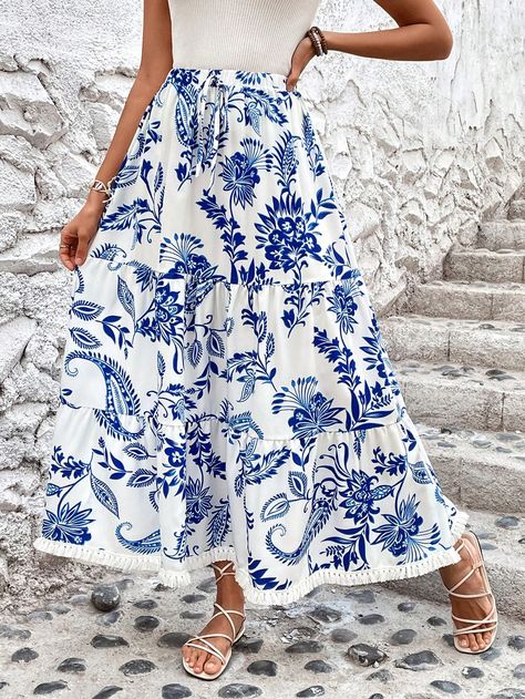 Blue and White Boho Collar  Fabric Floral,All Over Print A Line,Flared Embellished Non-Stretch  Women Clothing White Midi Skirt Outfit, Floral Skirt Outfits, White Floral Skirt, Blue Floral Skirt, Hiking Outfit Spring, White Long Skirt, Ruffle Hem Skirt, White Midi Skirt, Midi Skirt Outfit