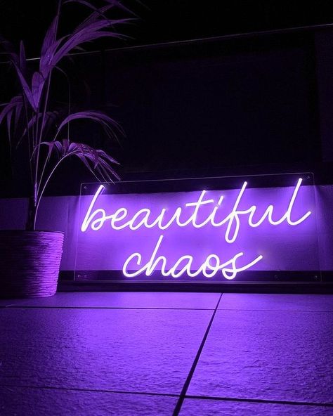 Purple aesthetic neon sign "beautiful chaos" on a wall Neon Signs Purple, Purple Chaos Aesthetic, 2024 Purple Aesthetic, Purple Aesthetic Neon Signs, Purple Vision Board Ideas, Happy Purple Aesthetic, Beautiful Chaos Aesthetic, Purple Vision Board Aesthetic, Quotes Aesthetic Neon