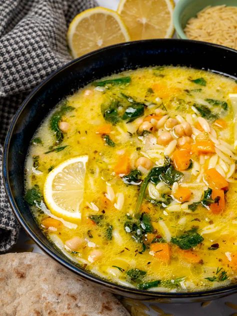 Lemon Veggie Soup, Lemon Chickpea Orzo Soup, Orzo Soup Vegetarian, Vegan Avgolemono, Greek Lemon Orzo Soup, Greek Lemon Orzo, Vegan Cocotte, Gfdf Recipes, Greek Lemon Soup