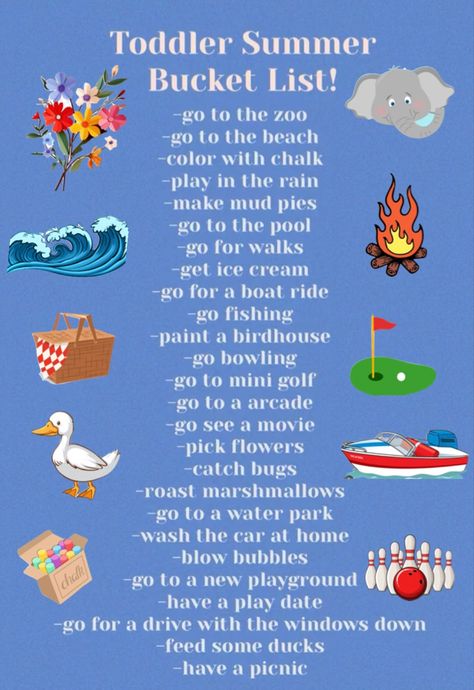 Toddler bucket list Summer Bucket List With Toddler, Summer Bucket List For Toddlers, Summer Bucket List Toddler, Toddler Summer Bucket List, Toddler Bucket List, Family Vacation Ideas, Summer Fun For Kids, Baby Learning Activities, Fun Summer Activities