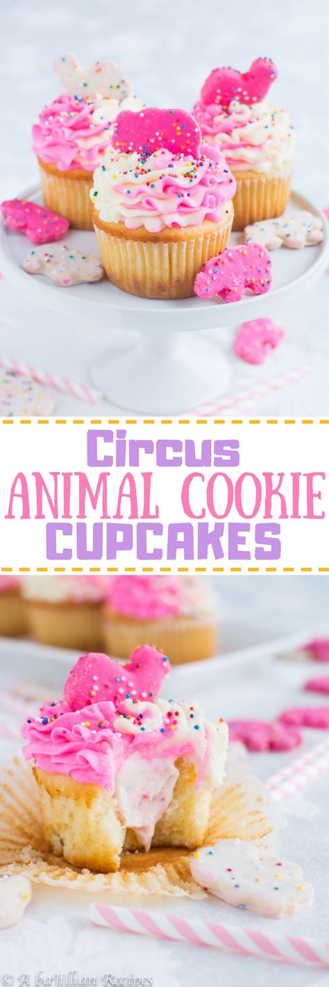 Frosted Animal Cracker Cupcakes, Animal Cracker Cupcakes, Animal Cookie Cupcakes, Cookie Cupcakes, Circus Cookies, Cupcakes Pink, Circus Animal Cookie, Cupcakes Filled, Ideas Cupcakes