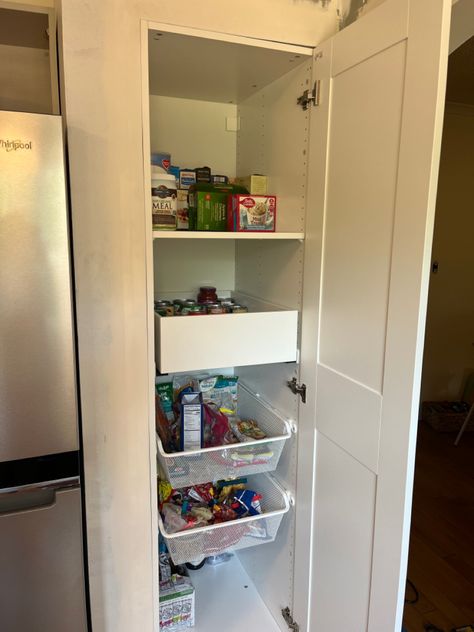 We turned our old, framed out pantry with no good shelf space or storage into a fully customizable kitchen pantry using IKEAs PAX wardrobe system and a little bit of drywall! Pax Wardrobe Pantry, Pax As Pantry, Ikea Pax Kitchen, Makeshift Pantry, Pax Kitchen, Ikea Pax Pantry, Pax Pantry, Pantry Hacks, Ikea Pantry