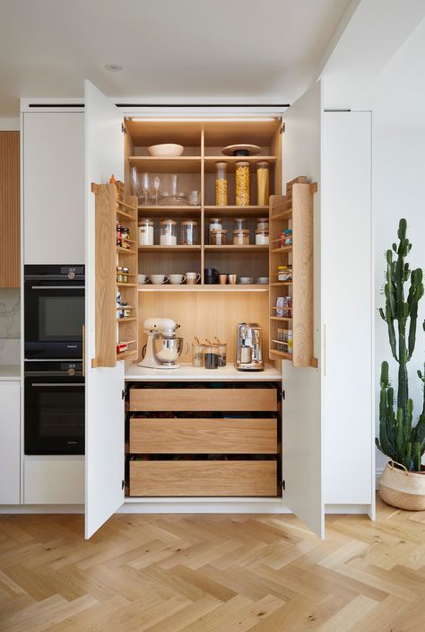 Turning chaos into culinary harmony - where every spice and ingredient finds its perfect place! #pantrygoals #organisedkitchen #scandikitchen https://www.solakitchens.com/larders-and-workstations/ Double Door Larder, Dream Kitchen Small, Larder Organisation, Small Larder, Larder Cupboard Ideas, Pantry Press, Modern Pantry Cabinet, Pantry Cupboard Ideas, Practical Kitchen Ideas