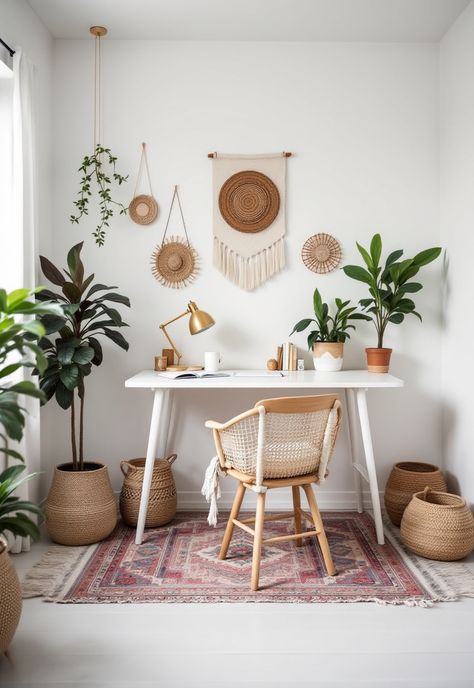 Scandi Boho Decor Boho Office Chair, Boho Workspace, Interior With Plants, Scandi Boho Living Room, Scandi Boho Interior, Scandi Kids Room, Boho Desk, Boho Decor Ideas, Boho Entryway