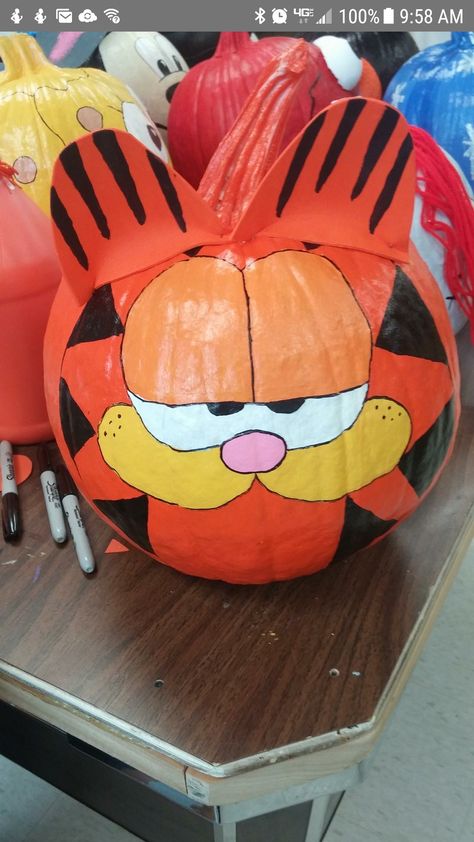 Painted by patients Care Bear Pumpkin Painting, Garfield Pumpkin Painting, Garfield Pumpkin, Story Book Pumpkin, Pumpkin Inspiration, Halloween Pumpkin Crafts, Creative Pumpkin Painting, Creative Pumpkin Decorating, Painting Pumpkin