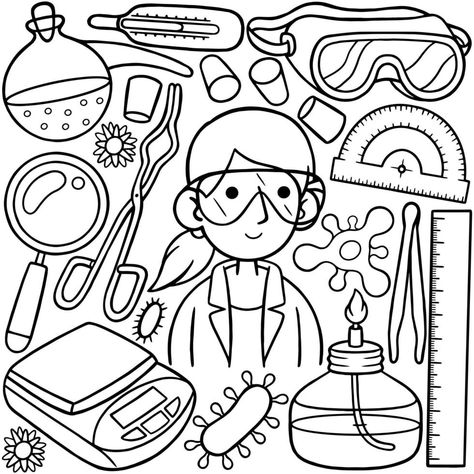 a line art drawing of a scientist with various items including a science equipment. Woman Scientist, Graphic Advertisement, Doodle Line Art, Kawaii Doodle, Science Equipment, Women Scientists, Line Art Vector, Line Art Drawing, Bright Ideas