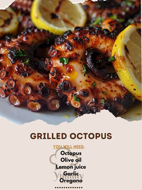 🐙 Dive into the sea flavors with our Grilled Octopus recipe! 🍽️ Grilled Octopus 🛒 Ingredients: Octopus: 1 large, cleaned Olive oil: 3 tbsp Lemon juice: 2 tbsp Garlic: 4 cloves, minced Oregano: 1 tsp Salt & pepper: to taste 👩‍🍳 Instructions: Prepare: Boil octopus until tender, then cool. Marinate: Mix oil, lemon juice, garlic, oregano, salt, and pepper. Coat octopus. Grill: Grill until charred and crispy. 🔥 Impress your guests with this Mediterranean marvel, perfect for any upscale dinner ... Grilled Octopus Recipe, Quinoa Enchilada Bake, Octopus Recipe, Octopus Recipes, Garlic Marinade, Black Bean Quinoa, Grilled Octopus, Classic Dishes, Lemon Recipes