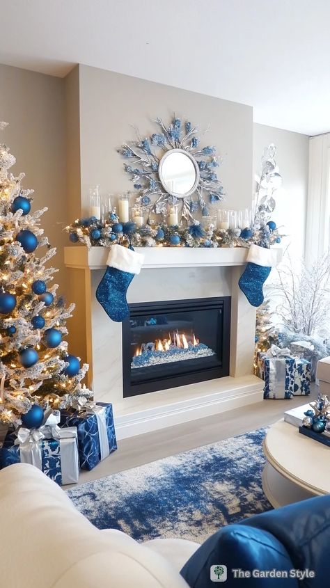 Blue Christmas Mantle Decor, Blue Christmas Theme Decorating Ideas, Blue Christmas Decor Living Room, White And Blue Christmas Decorations, Christmas Decor Ideas Blue, Blue And Gold Christmas Decor, Blue White Christmas Decor, Blue Christmas Aesthetic, Wedding Red Theme