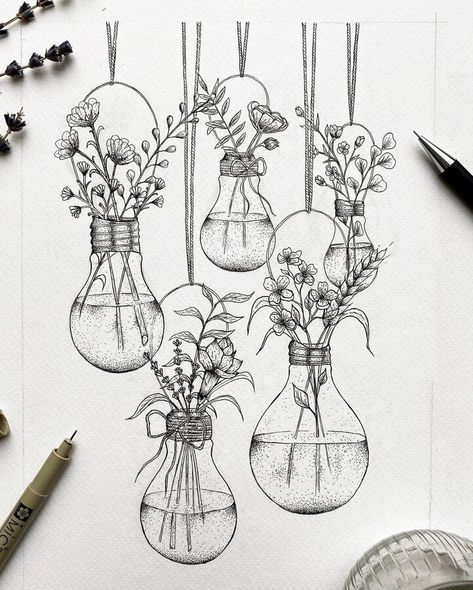 Light Bulb flowerpots. Animals and Nature in Stippling Drawings. Click the image, for more art from Marina Tim. Bulb Drawing, Bulb Illustration, Bulb Tattoo, Drawing Floral, Fineliner Art, Nature Art Drawings, Pen Art Drawings, Pencil Art Drawings, Art Drawings Sketches Creative