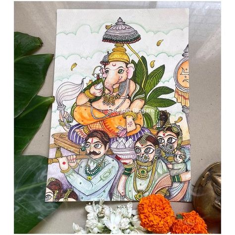 Saurabh Dingare Ganpati Art Paintings, Hindu God Sketch, Hindu Artwork, God Sketch, Ganpati Art, God Painting, Gods Art, Ganpati Festival, Bengali Art